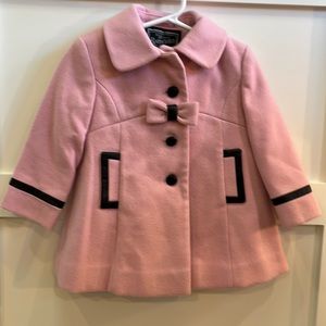 Rothschild Pink coat with black leather trim and hat to match